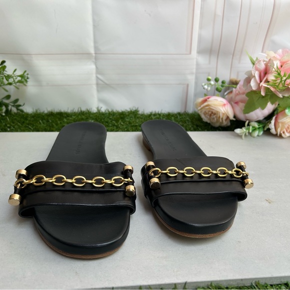 Veronica Beard Black leather Slides with Gold Chain Accent women size 7 New - Picture 10 of 16